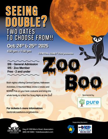Flyer for the 2025 Zoo Boo event at the Central Coast Zoo on October 24 & 25.
