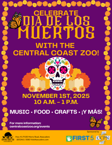 Colorful flyer for the Central Coast Zoo’s Día de los Muertos event, featuring a vibrant sugar skull and monarch butterflies. Event details: November 1, 2025, from 10 a.m. to 1 p.m.