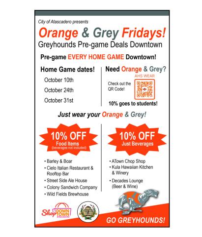 Flyer promoting Orange and Grey Friday Home Game discounts in Atascadero.