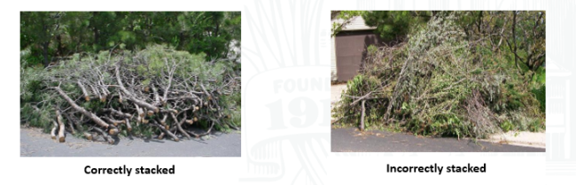 Two images showing the proper and improper way to stack branches for the chipping program: one neatly and uniformly stacked, the other piled messily.