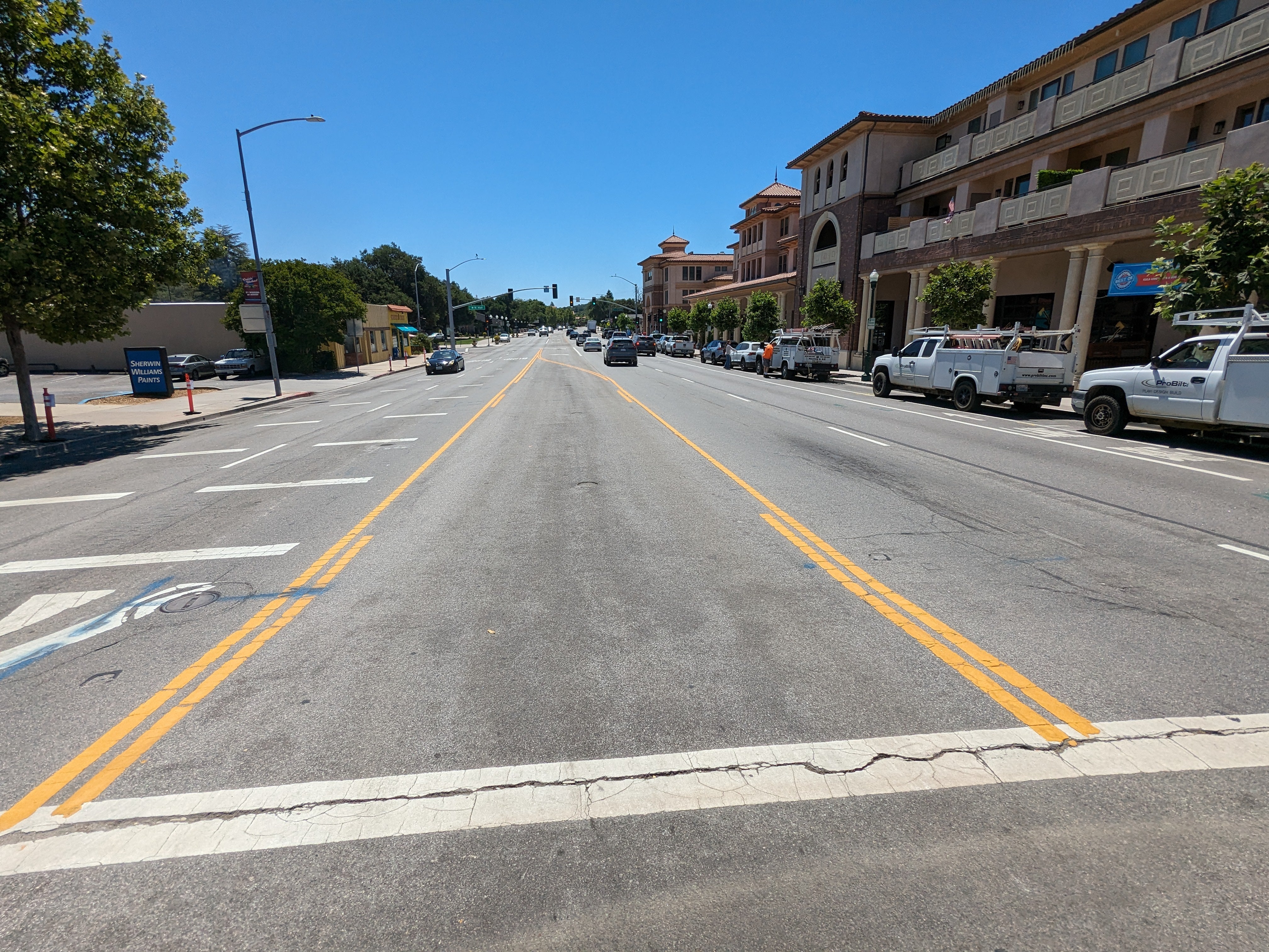 Southerly street view of El Camino Real at Entrada before the completion of the El Camino Real Downtown Safety and Parking Enhancement Project.