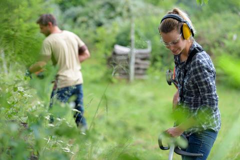 Couple cutting an overgrown yard