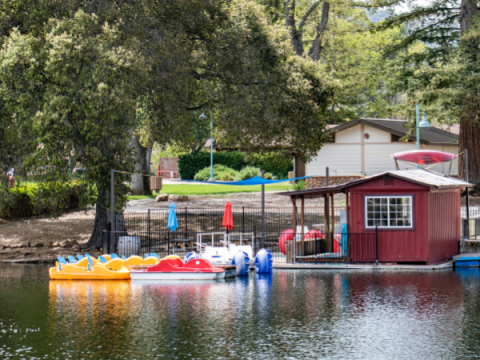 View of Atascadero Lake and docked paddle boats.