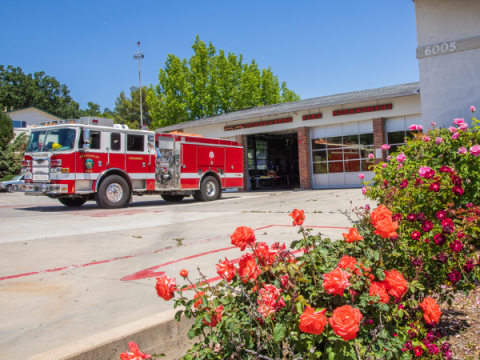 Fire Station 1 with a fire engine out front.