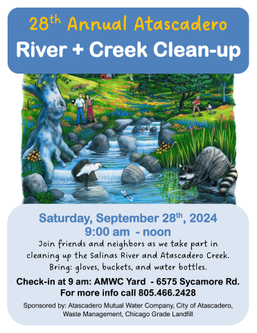 Poster with event details for the Atascadero River + Creek Clean-up on 9.28.24