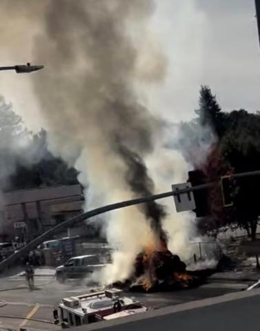 Image of Atascadero Fire & Emergency Services responding to hay trailer fire on Morro Road on 10.26.24.