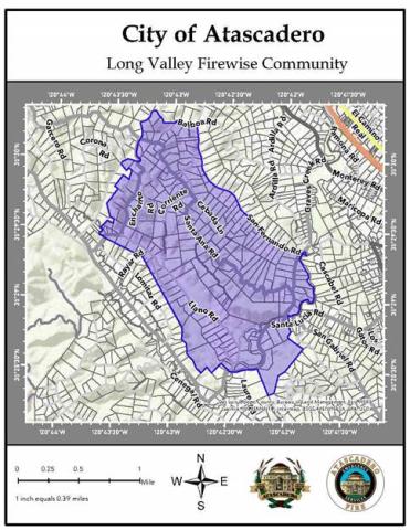 Map of Atascadero highlighting the boundaries of the Long Valley Firewise Community area within the city.