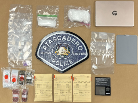 Photo of evidence, loose and bagged, from an Atascadero Police Department drug sales investigation.