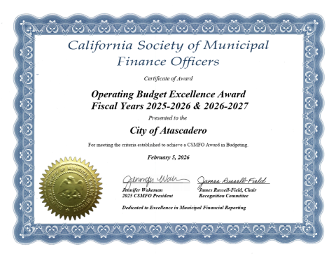 Award from the California Society of Municipal Finance Officers presented to the City of Atascadero for Operating Budget Excellence for the 2025–27 budget cycle.