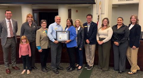 Group photo of the Atascadero City Council, the City Manager, and Administrative Services staff recognizing an receipt of an Operating Budgeting Excellence award during the March 10, 2026 City Council meeting.
