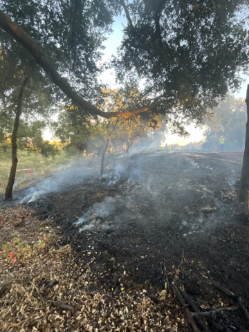 Still-smoking, charred ground showing the edge of a burned area next to unburned ground, with safety personnel working in the distance.
