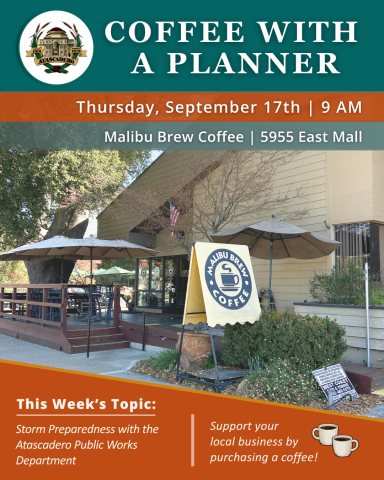 Coffee With a Planner event flyer for September 17, 2026, at 9 AM at Malibu Brew Coffee, featuring the topic “Storm Preparedness with the Atascadero Public Works Department” with an image of the Malibu Brew Coffee building.