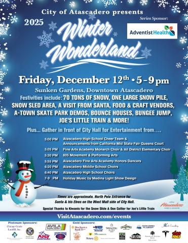 2025 Winter Wonderland Entertainment flyer featuring an illustrated winter scene with a snowman and event details.