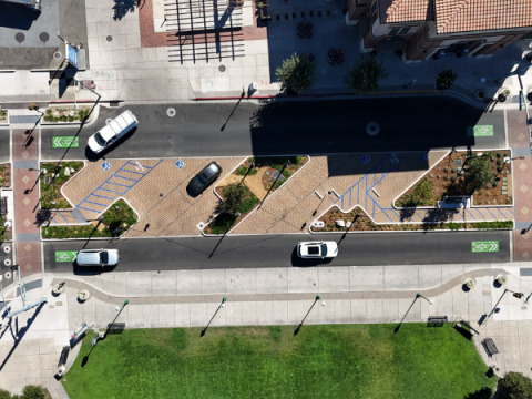 Aerial view of El Camino Real at Sunken Gardens after Phase I improvements for the ECR Project.