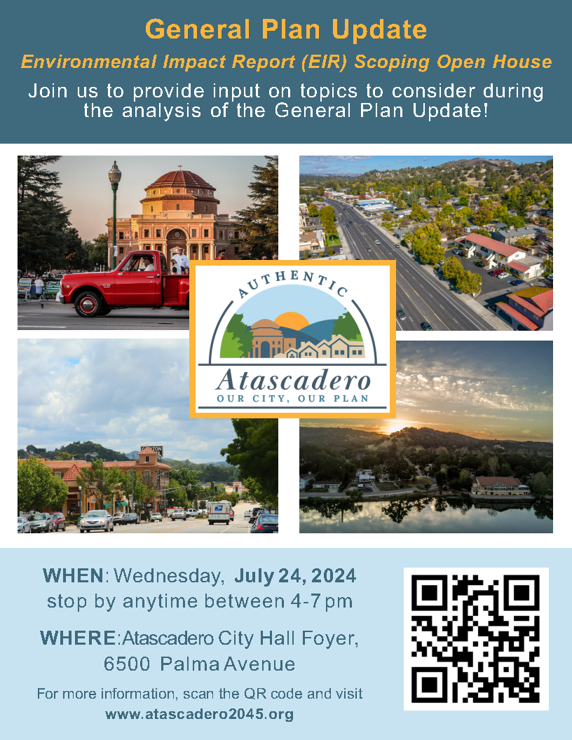Flyer for the General Plan Update Open House on July 24, 2024, at Atascadero City Hall.