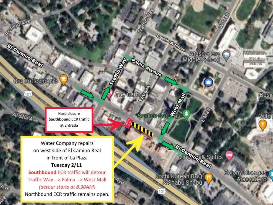 Map showing detour route for work on El Camino Real on 2-11-25.