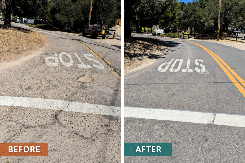 Side-by-side view of a roadway before and after improvements were made with Measure F-14 taxes